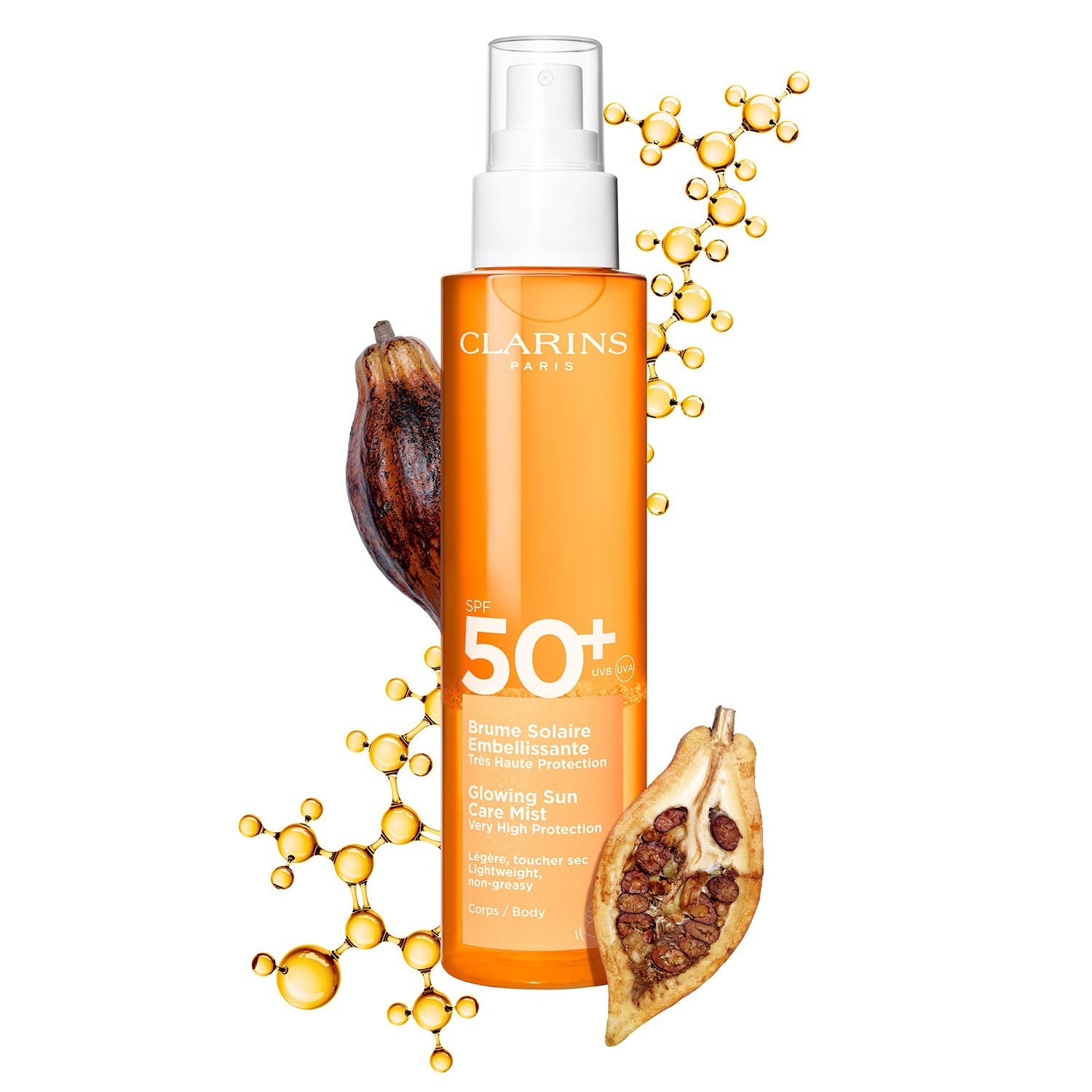 Солнцезащитный спрей sun care brume solaire embellisante corps spf 50+ Clarins, объем 150 мл — фото 2