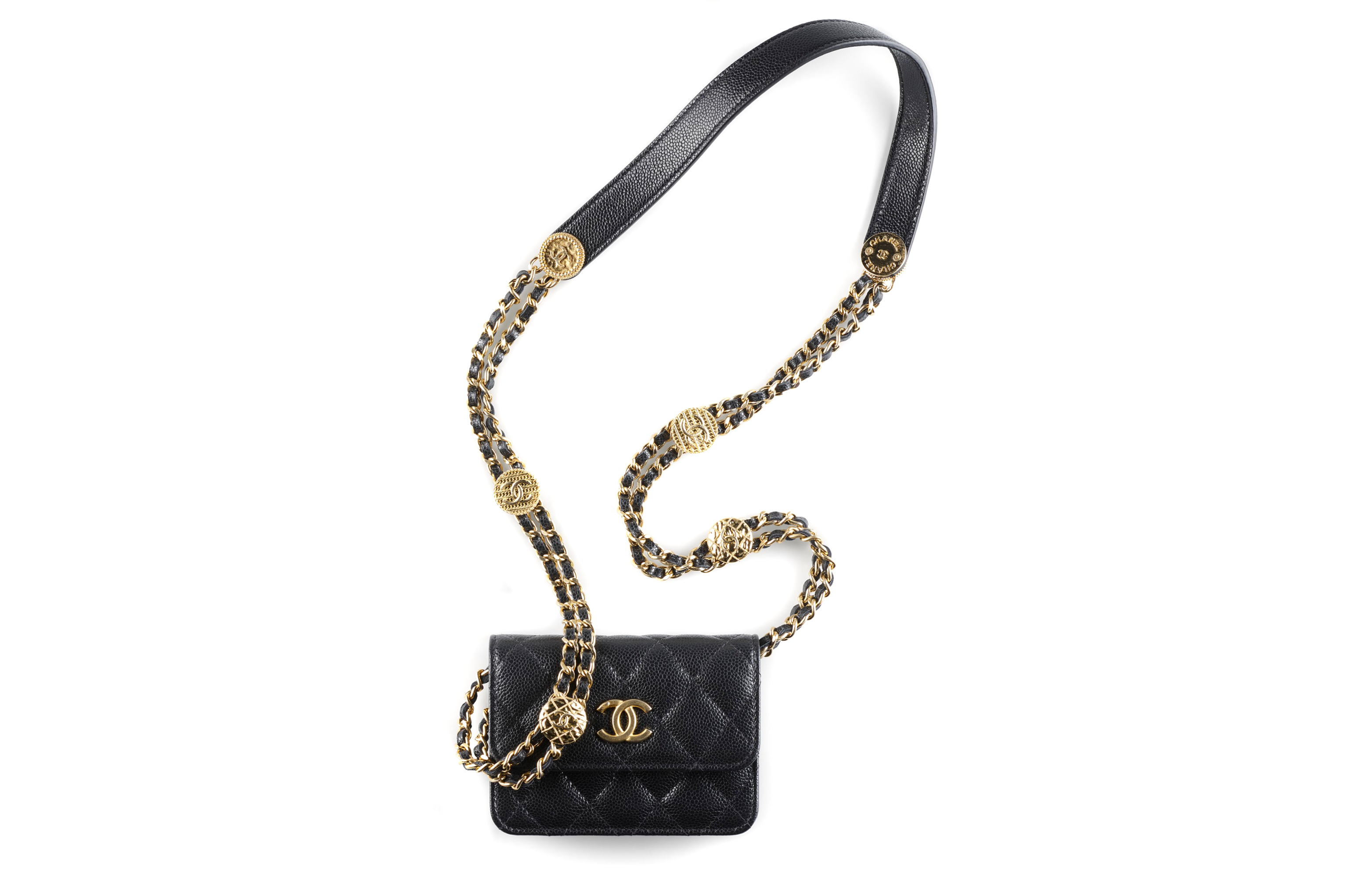 

CHANEL Мини-сумки через плечо из блестящей телячьей кожи с тиснением, женские, черные