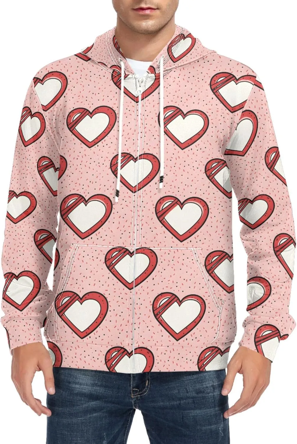 

Мужская толстовка с капюшоном на молнии, красные сердца на розовом фоне, с длинными рукавами и карманом CUPADA