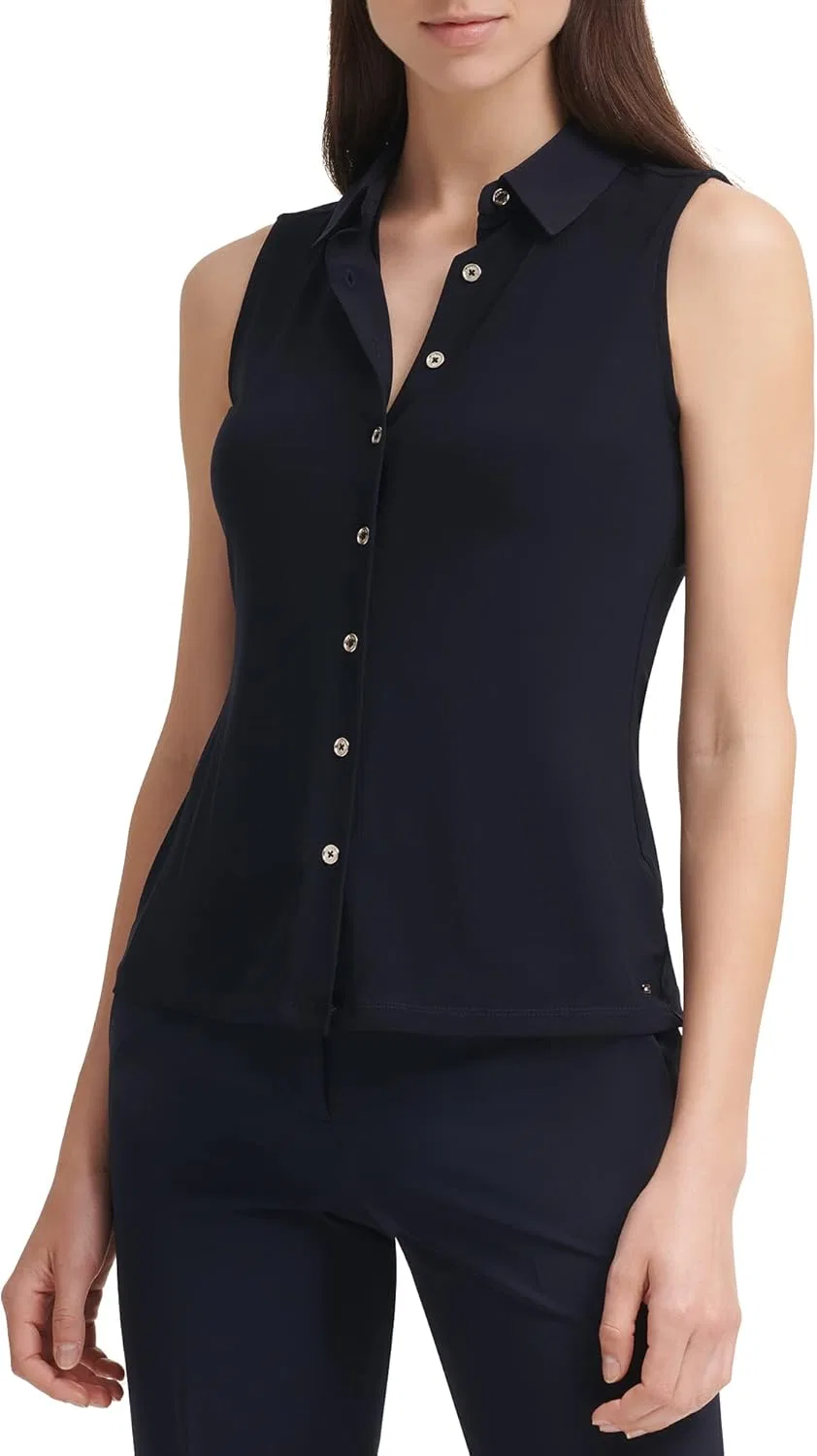 Топ-безрукавка с воротником классическим Classic collared button front sleeveless knit top, Tommy Hilfiger, темно-синий