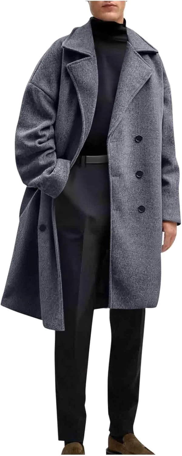 Мужское пальто pea coat средней длины из шерстяной смеси с двубортной застежкой и отложным воротником, утепленное зимнее тренч Generic, серый