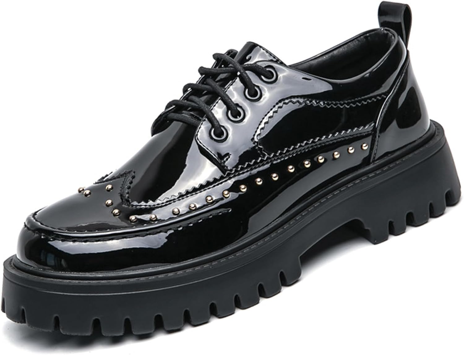 

Мужские лакированные туфли на платформе с классическим круглым носком, толстой рифленой подошвой, шнуровкой Оксфорд, комфортным массивным каблуком, дерби, для повседневного и делового стиля Devileyeze, черный