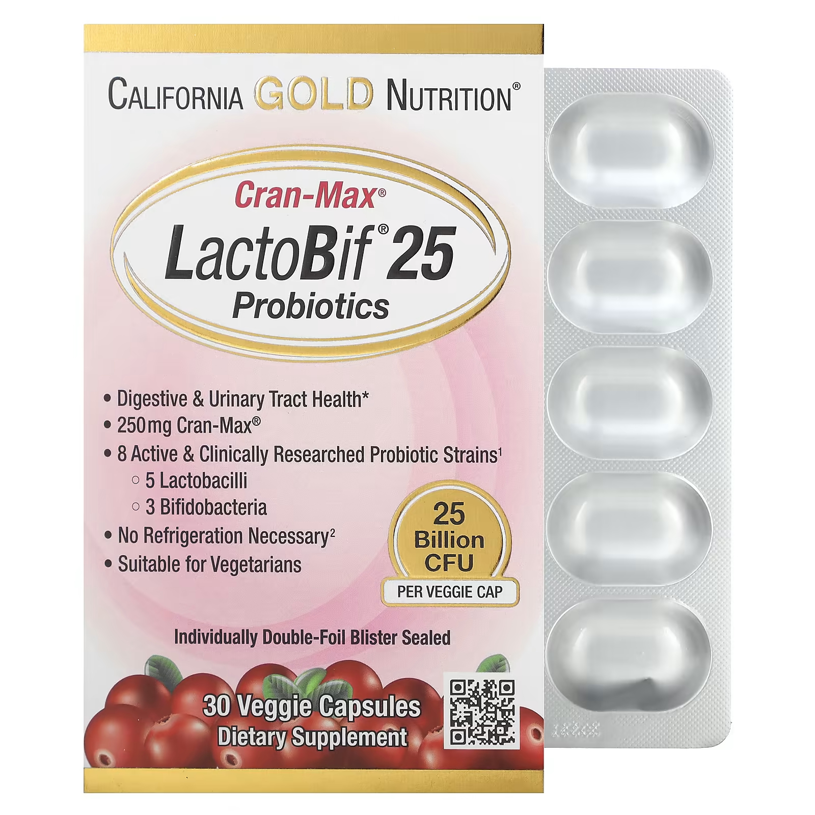 

California Gold Nutrition CranMax LactoBif Пробиотики, 25 миллиардов КОЕ, 30 растительных капсул