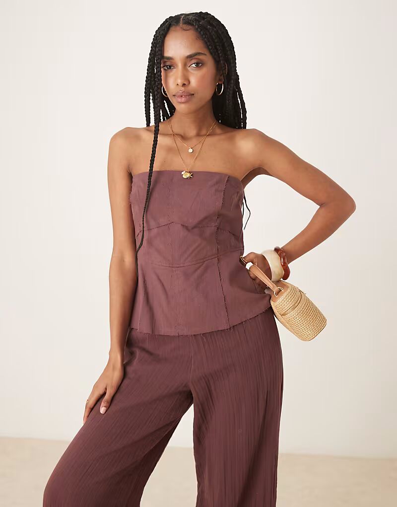 

Комбинезон-бандо из льна и хлопка ASOS DESIGN шоколадного цвета