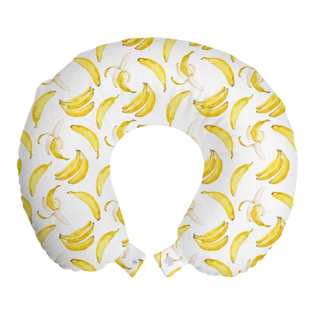 

ABAKUHAUS Подушка для путешествий Banana Подушка для шеи, акварельные желтые фрукты, пенопластовые дорожные принадлежности для самолета и автомобиля, 30x30 см, белый и пастельно-желтый