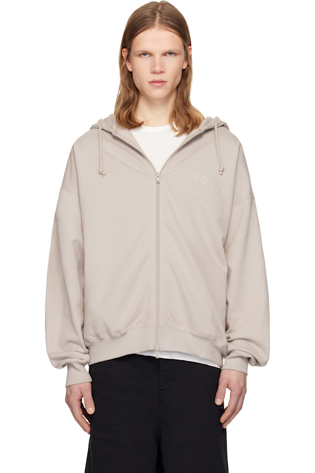 

Y-3 Худи из махровой ткани бежевого цвета с застежкой-молнией, Бежевый, Y-3 Худи из махровой ткани бежевого цвета с застежкой-молнией