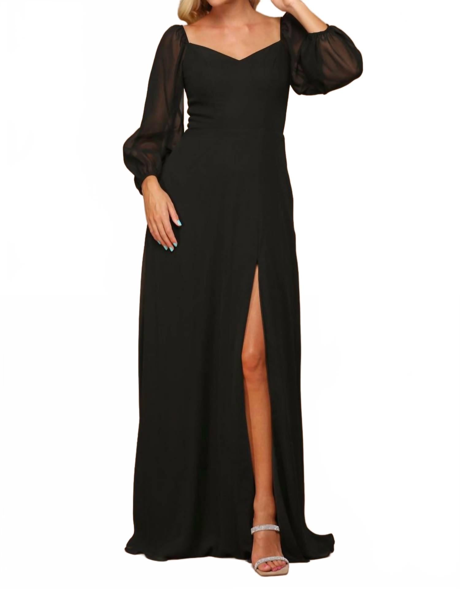 

Лондонское шифоновое вечернее платье с длинными рукавами и декольте sweetheart в черном цвете Eva