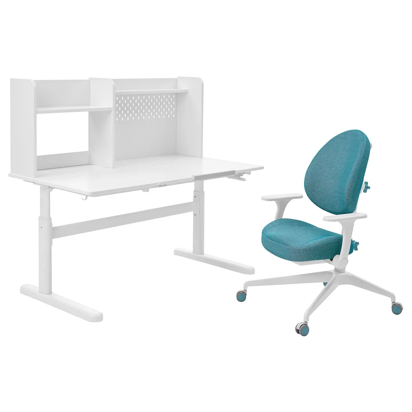 Детский стол+стул с подлокотниками BERGLÄRKA/GUNRIK IKEA, 120x70 см, белый/бирюзовый