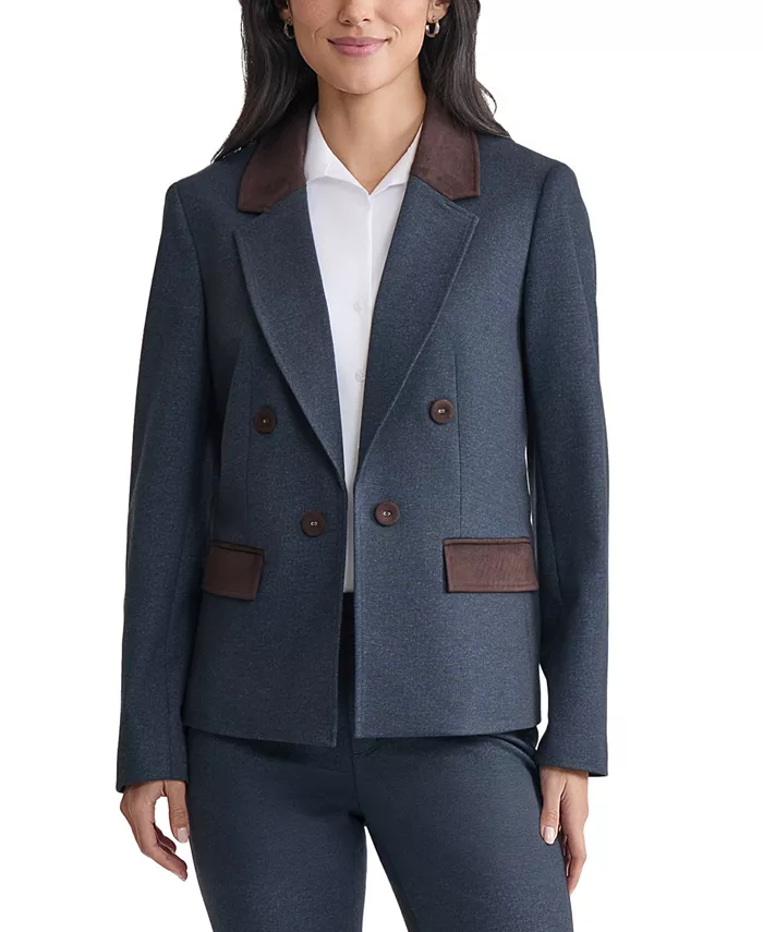 

Миниатюрный двубортный жакет из искусственной кожи Jones New York, синий