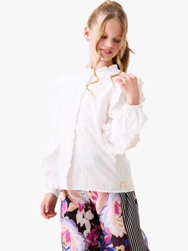 

Детская хлопковая рубашка с вышивкой и оборками на рукавах Angel & Rocket, White