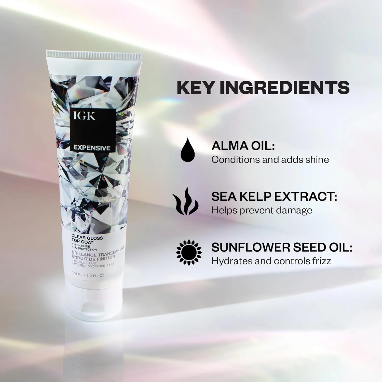 IGK EXPENSIVE Clear Gloss Top Coat | Высокоглянцевое средство для придания волосам мягкости и гладкости | Восстанавливает цвет окрашенных волос и помогает контролировать пушистость | 113 г 124 мл (1 шт.) — фото 2