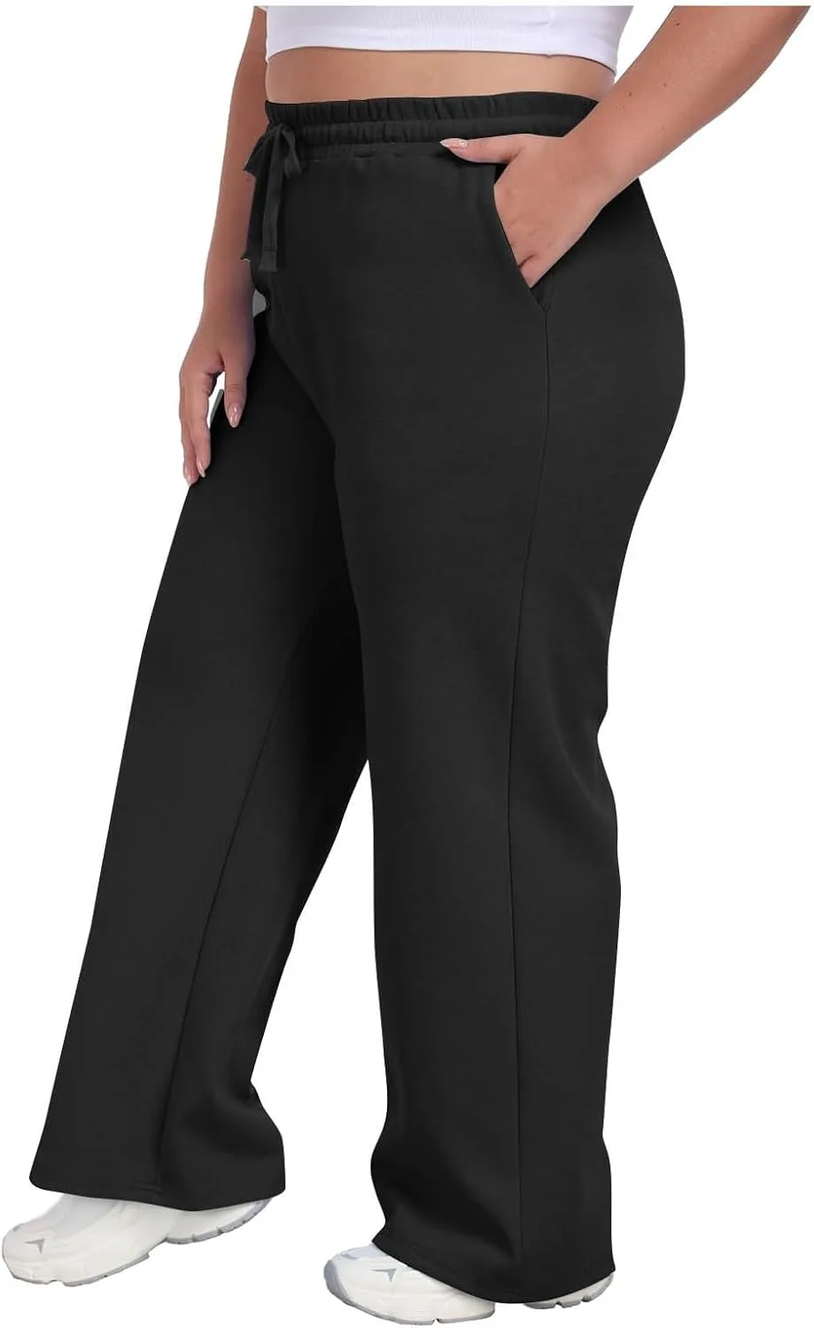 Plus Size спортивные штаны для женщин с формами с эластичным поясом и шнурком, прямые, удобные, для повседневной носки и тренировок Generic, черный — фото 2
