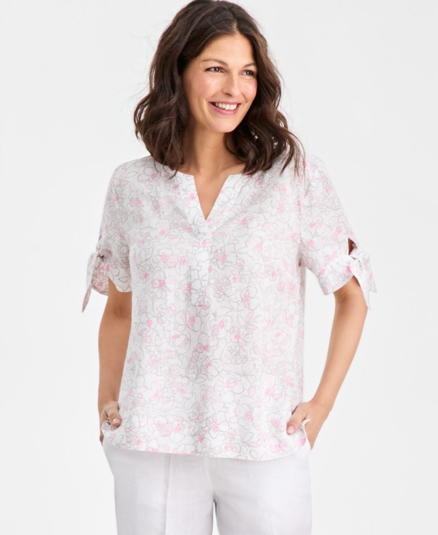 

Женская блузка из 100% льна с манжетами и разрезом на воротнике, эксклюзивно для Macy's Charter Club, Floral Pink Dew