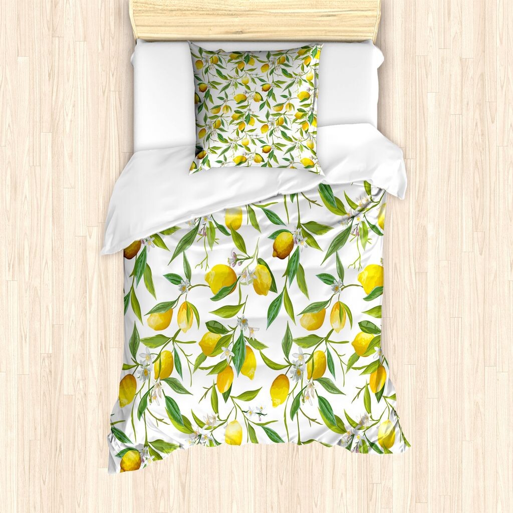 

ABAKUHAUS Натуральное пальто, Lemon Woody Romantic, защищенное от клещей, подходит для аллергиков с наволочками, 135 см x 200 см - 80 x 80 см, папоротниково-зеленый, желтый, белый