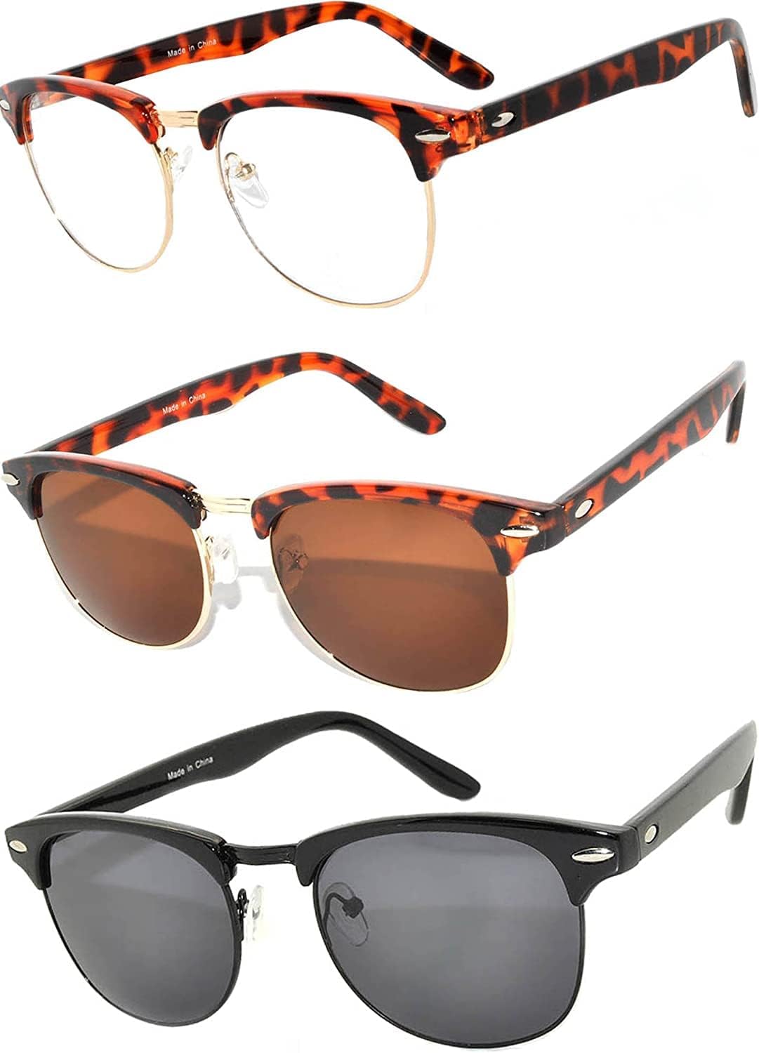 

OWL Набор из 3 полуободковых солнцезащитных очков из металла и пластика для женщин и мужчин, защита от УФ-излучения UV400, дымчатые, тонированные, зеркальные линзы, ретро-стиль, Leopard Clear, Leopard Brown, Black Smoke