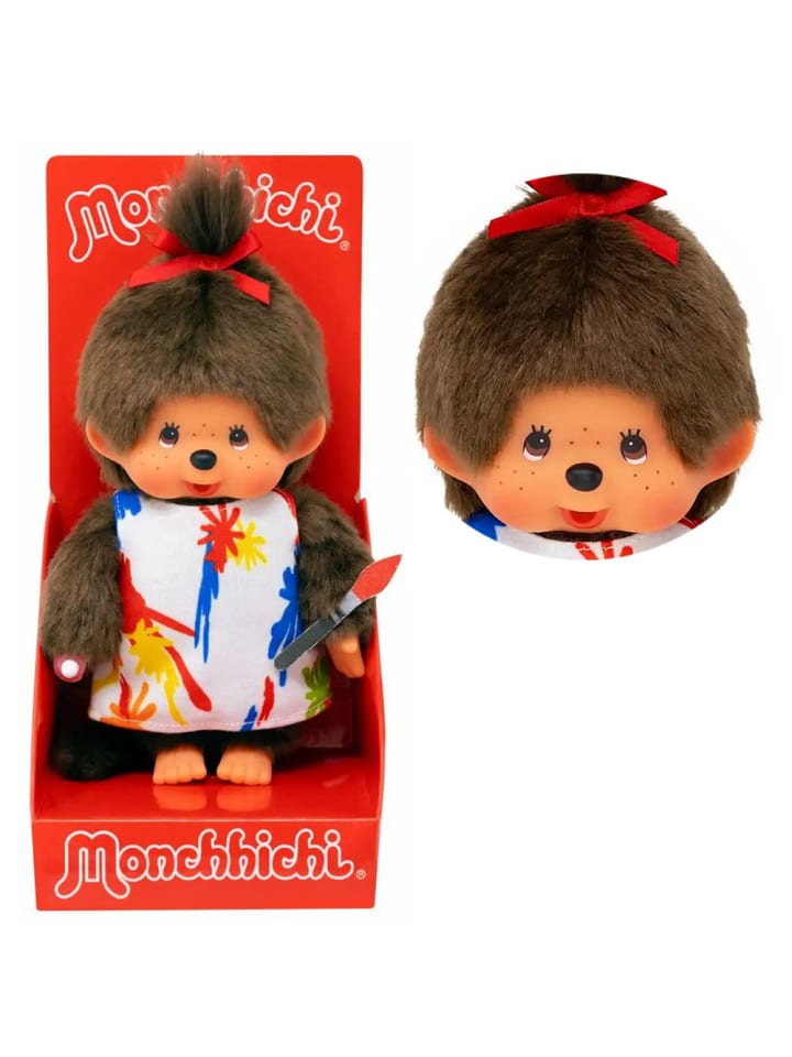 Девочка в платье художницы с косой | Кукла Мончичи, 20 см | Мода Monchhichi — фото 2