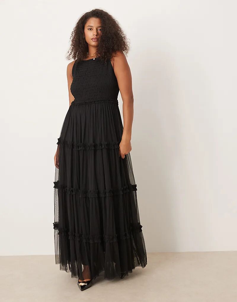 

Платье макси Lace & Beads с кружевом и бисером Plus черного цвета с присборенным лифом