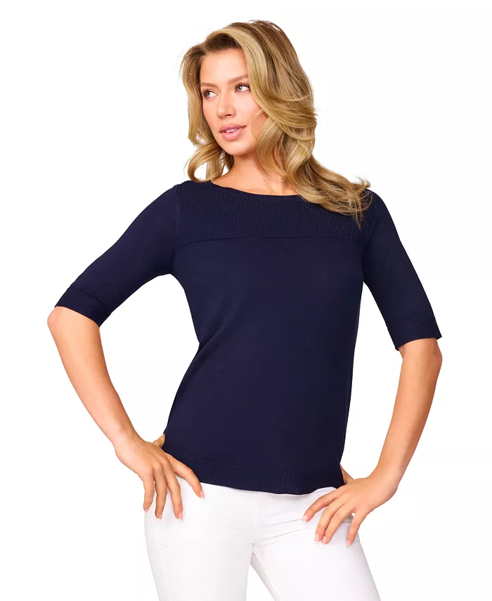 

Женский укороченный свитер с рельефным узором и короткими рукавами Petite Ribbed-Yoke Elbow-Sleeve Melissa Paige, синий