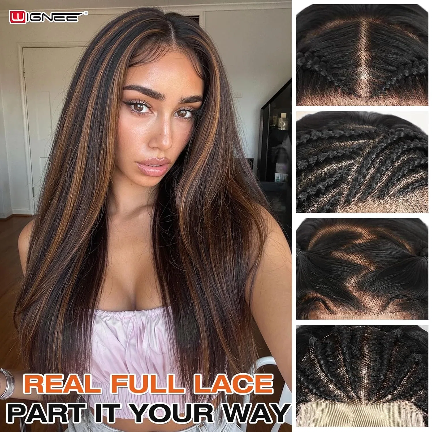 Парик WIGNEE Full Lace из синтетических волос, прямой, 76 см Wignee, Brown Highlight — фото 4