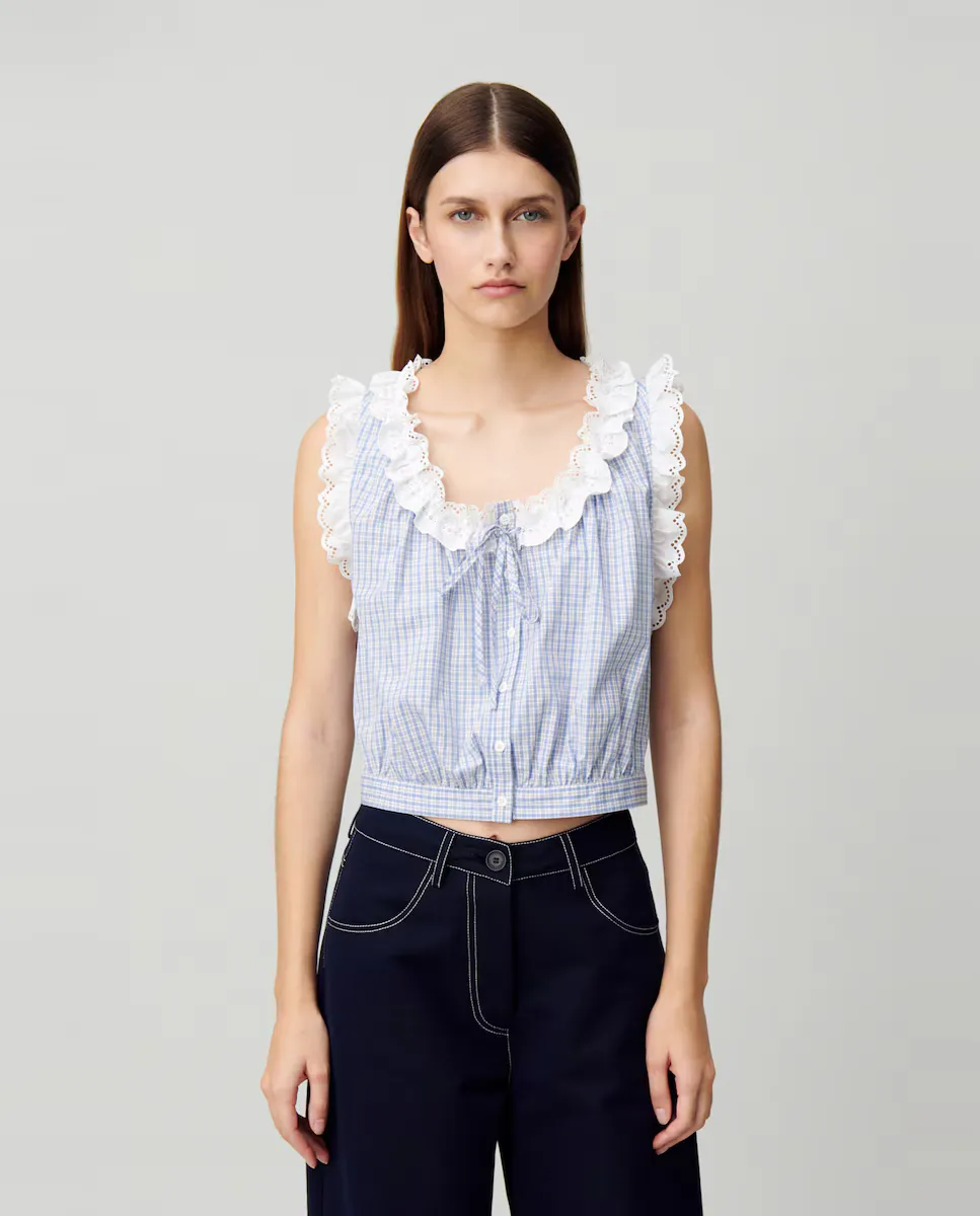 

Женский топ в клетку с кружевной отделкой Claudie Pierlot, синий