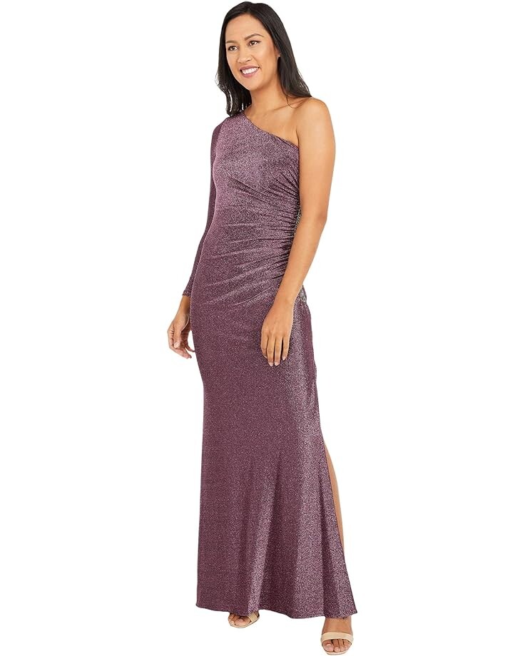 

Платье Adrianna Papell One Shoulder Metallic Knit Side Draped Mermaid Gown, цвет Amethyst