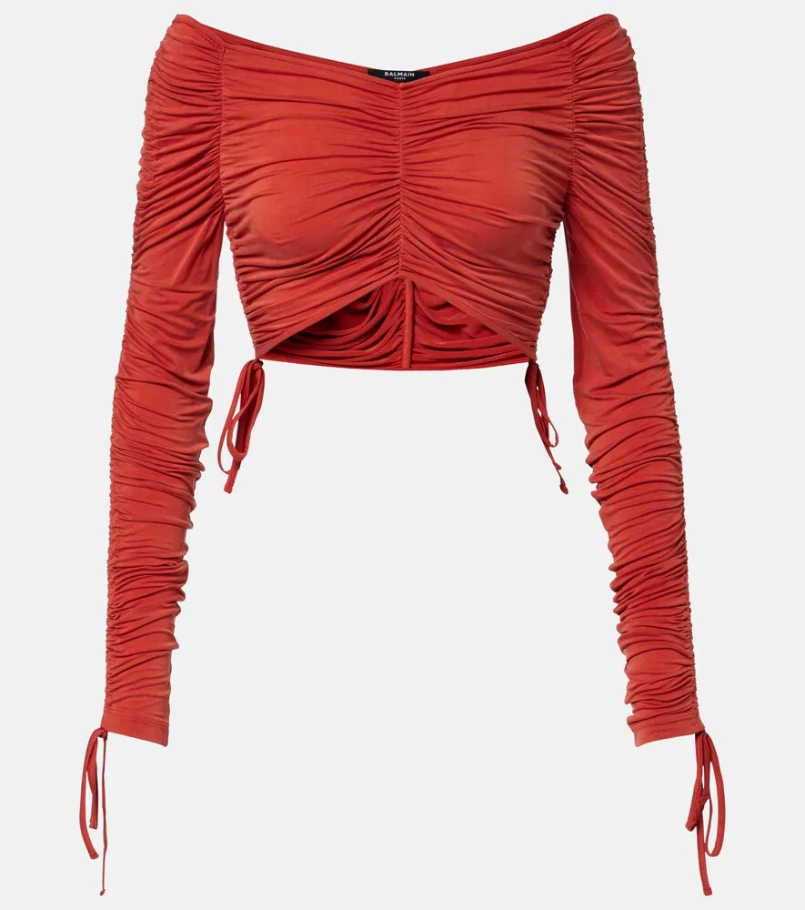 Укороченный топ из трикотажа с драпировкой Balmain, оранжевый
