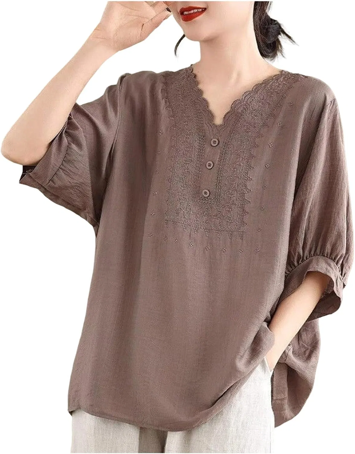Блуза, свободная, Cotton Linen, кофе