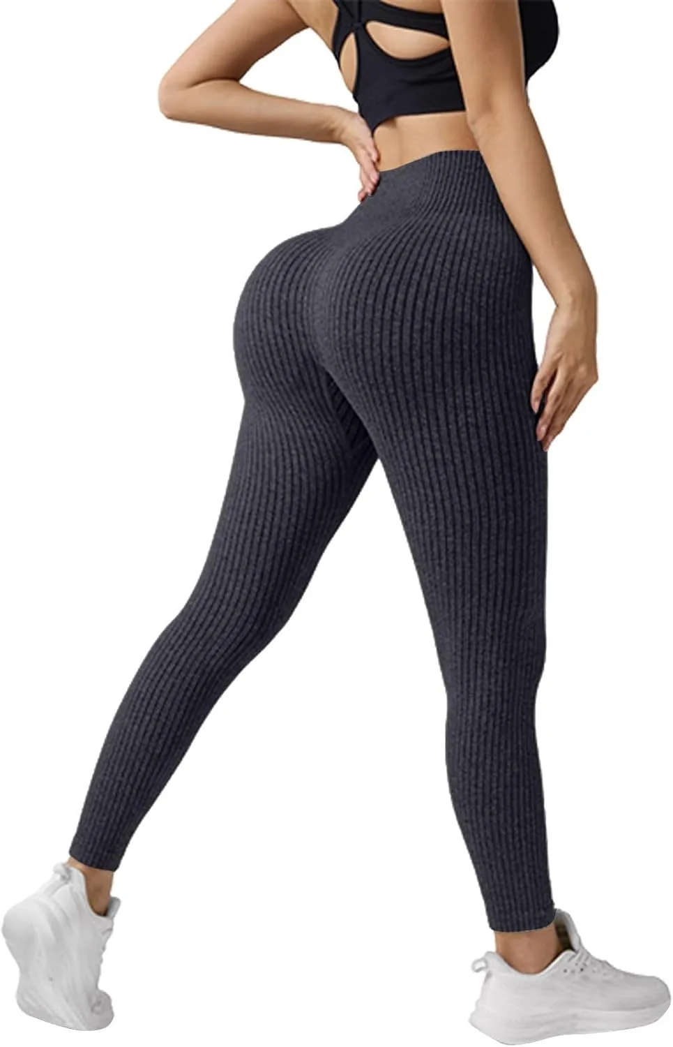 Рибленые леггинсы Women Butt Lifting Tummy Control с эффектом складки на ягодицах, утягивающие, высокие, рибленые Generic, темно-серый