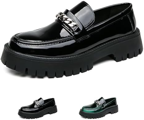 

Мужские лоферы на платформе из лакированной кожи без шнурков, модный носок округлой формы, металлическое украшение, нескользящая толстая подошва, деловая обувь, повседневная, для вечеринок, свадьбы, выпускного Wenoreg, черный
