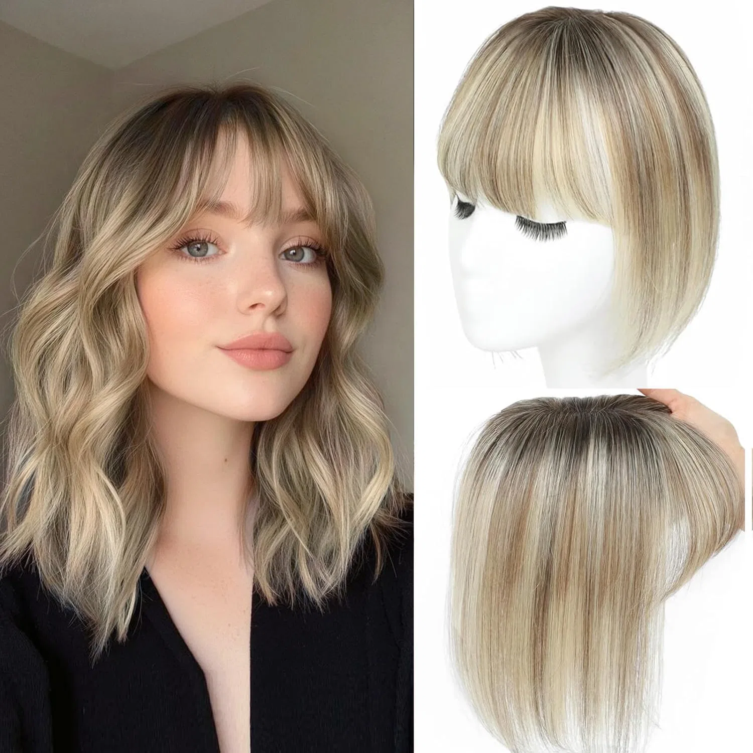 Женский накладной шиньон из натуральных волос с челкой Sea Singing, Ombre Light Brown With Blonde Highlight