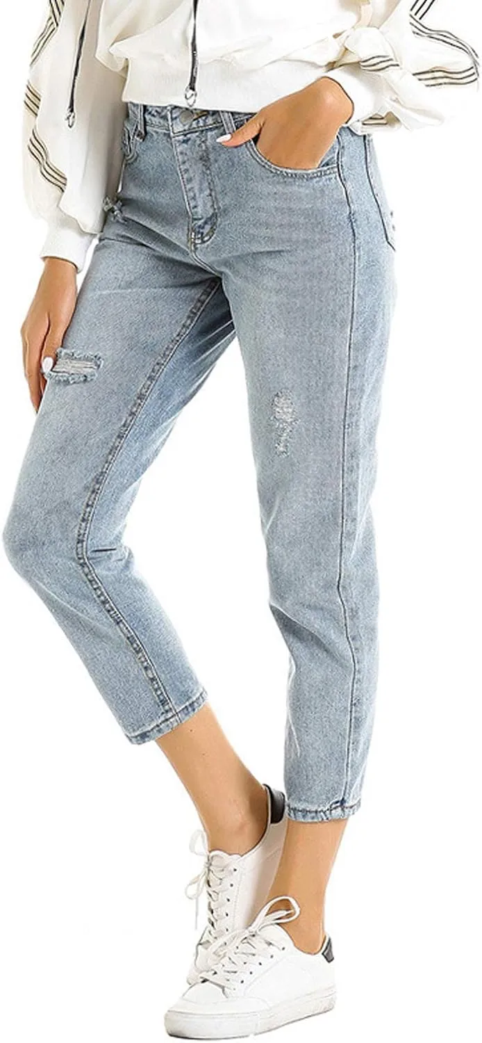 

ebossy женские потертые рваные укороченные джинсы boyfriend в синем цвете