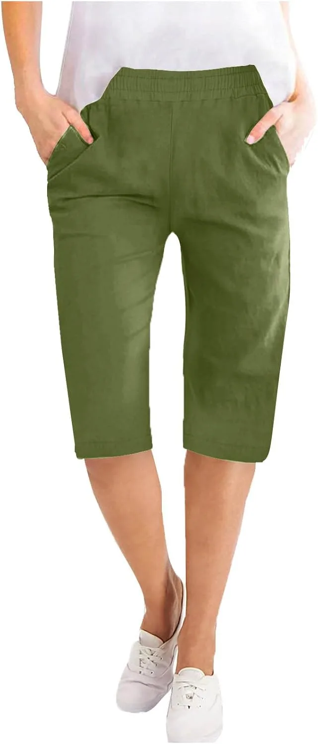 

Бермуды женские летние из хлопка и льна с широкими штанинами и эластичным поясом