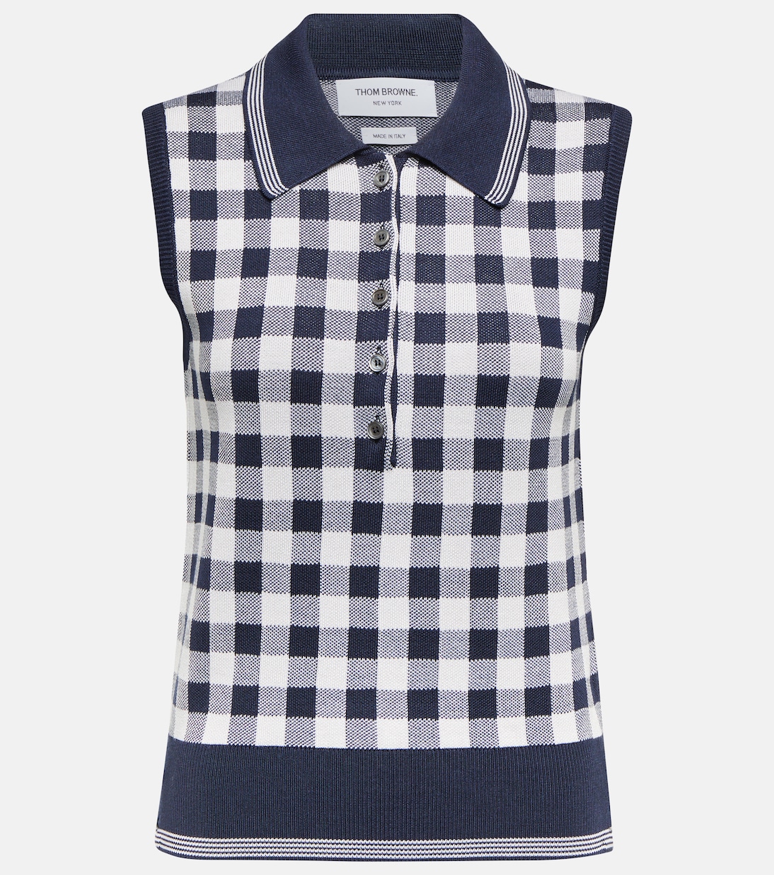 

Жилет из шелкового свитера в клетку гингем Thom Browne, темно-синий