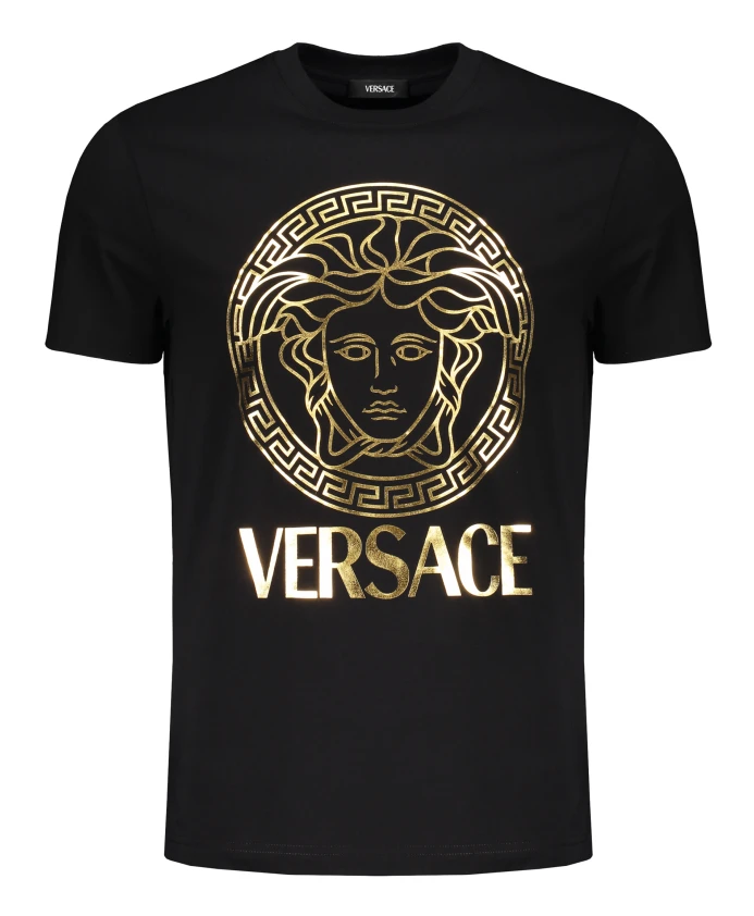

Хлопковая футболка с длинным принтом Versace, черный