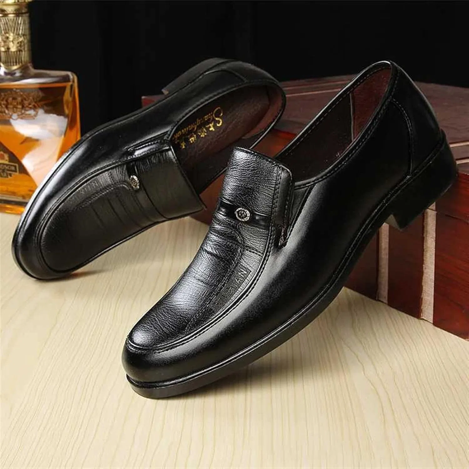 Туфли Men's Shoes Spring and Men's Formal Leather Shoes Business Men's Leather Shoes Plain Men's Work Shoes A Pedal Round Toe Generic, Brown — фото 4