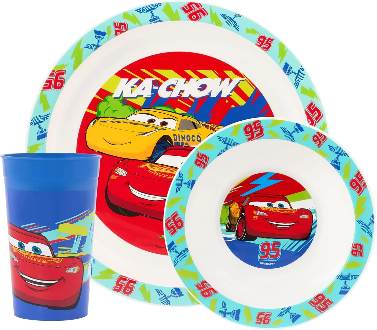 Набор посуды Disney Cars из 3 предметов — тарелка, миска и кружка с Молнией Маккуином и Диноко — для микроволновки и посудомойки, для детей от 36 месяцев