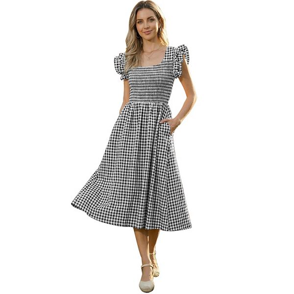 

Платье миди в клетку с рюшами и квадратным вырезом Inspire Chic, Black