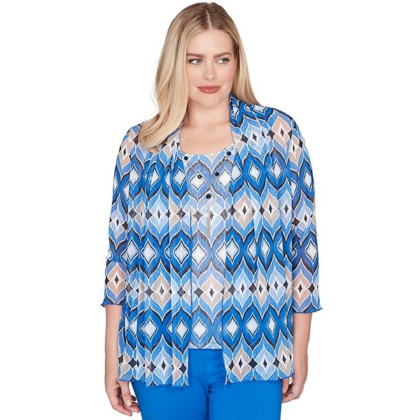 

Небольшой топ-трансформер из геометрической сетки с ожерельем. Alfred Dunner