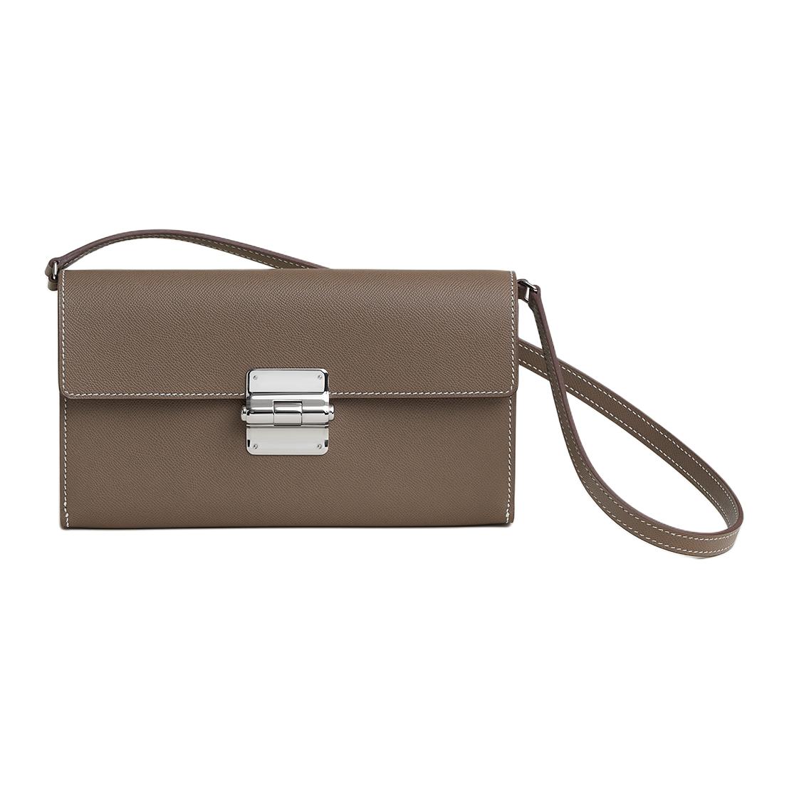 

Hermes Женская сумка-клатч Charniere Madame из телячьей кожи с одним плечом, размер 18, цвет Etoupe, оттенок Elephant Gray