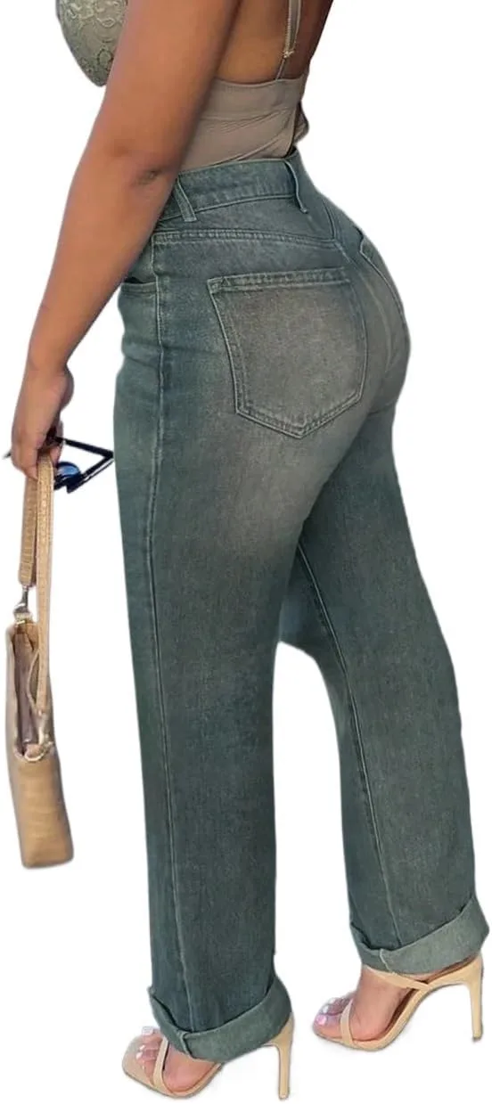 Женские классические джинсы Casual свободные рваные базовые прямые Generic, Medium Wash