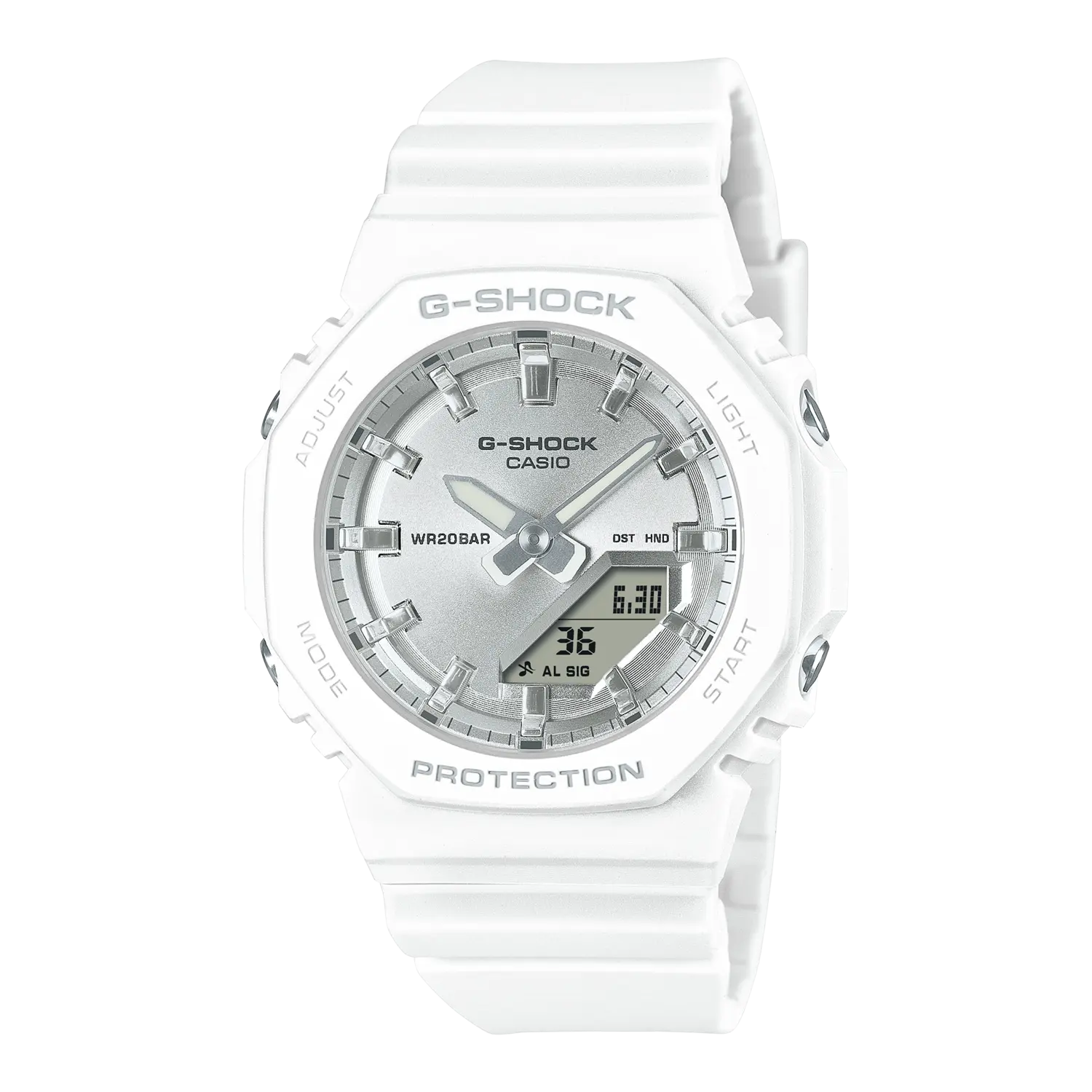 

Женские часы Casio GMA-P2100VA-7A серии Dual Display с жидкокристаллическим и аналоговым дисплеем серебристого цвета