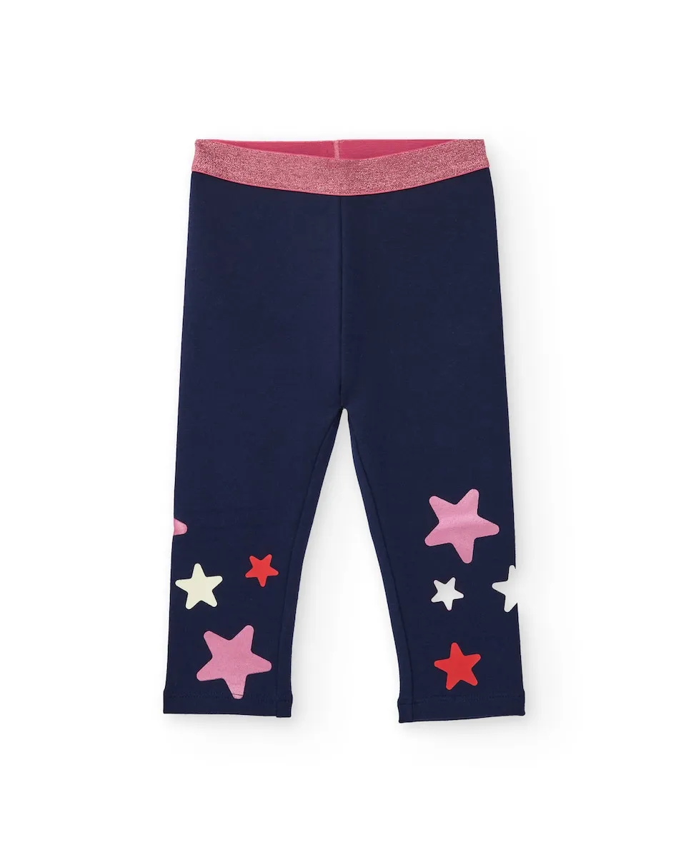 

Детские леггинсы темно-синего цвета с принтом из разноцветных звезд и ярко-розовой эластичной талией Tuc tuc