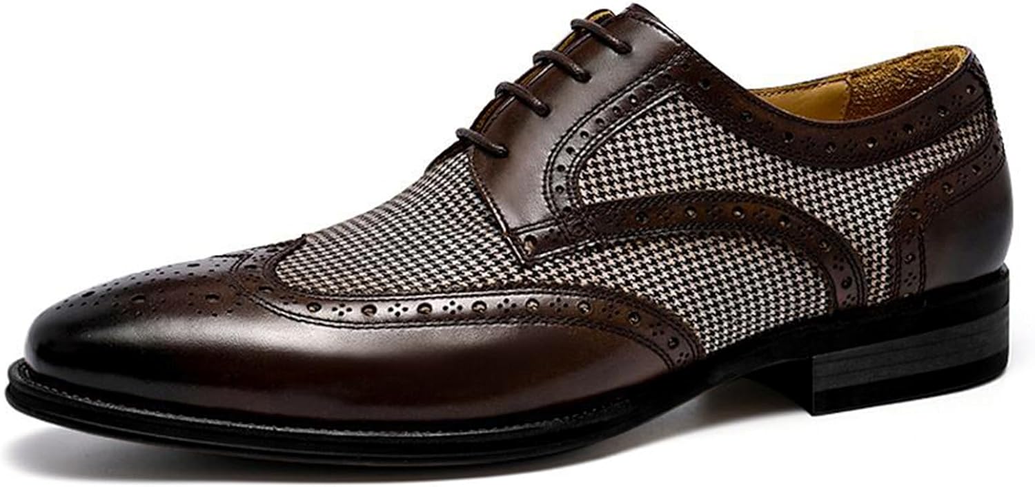 

Мужские оксфорды в клетку с крыльями, модные кожаные туфли с круглым носком, низким массивным каблуком и шнуровкой, формальные броги для бизнеса, свадьбы, выпускного, работы и повседневной носки Bangteuo, коричневый