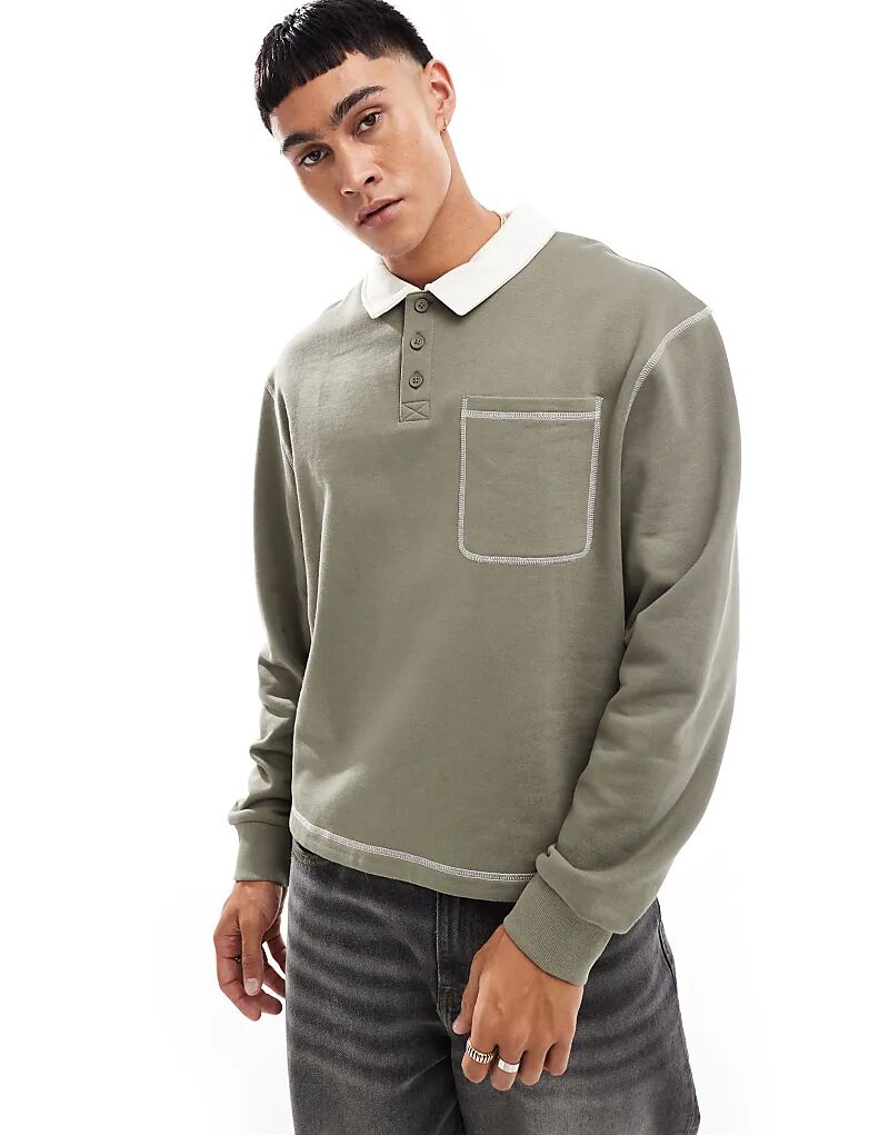 

Свободный свободный поло цвета хаки с контрастной строчкой ASOS DESIGN
