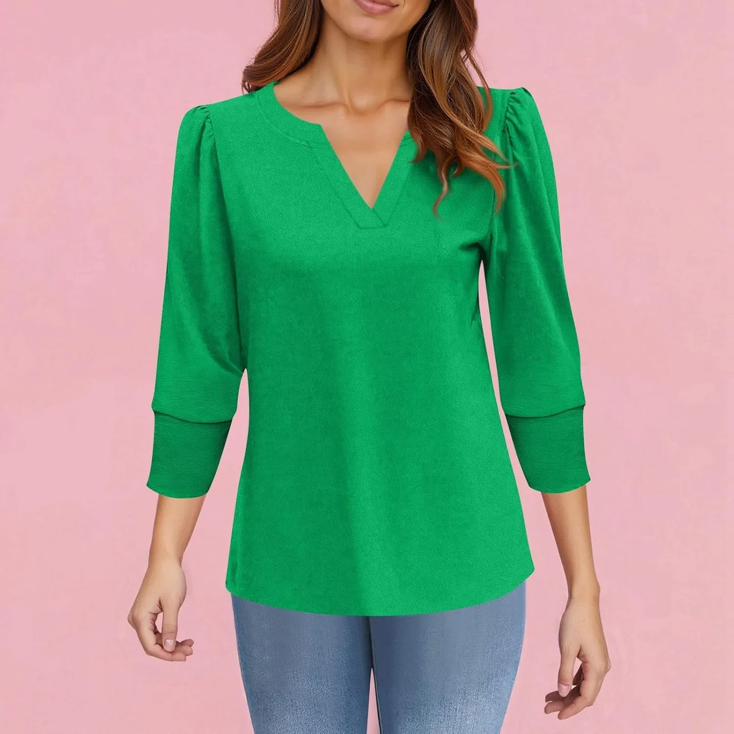 Блуза женская с V-образным вырезом, рукав 3/4, Oversize, Generic, 1-green — фото 2