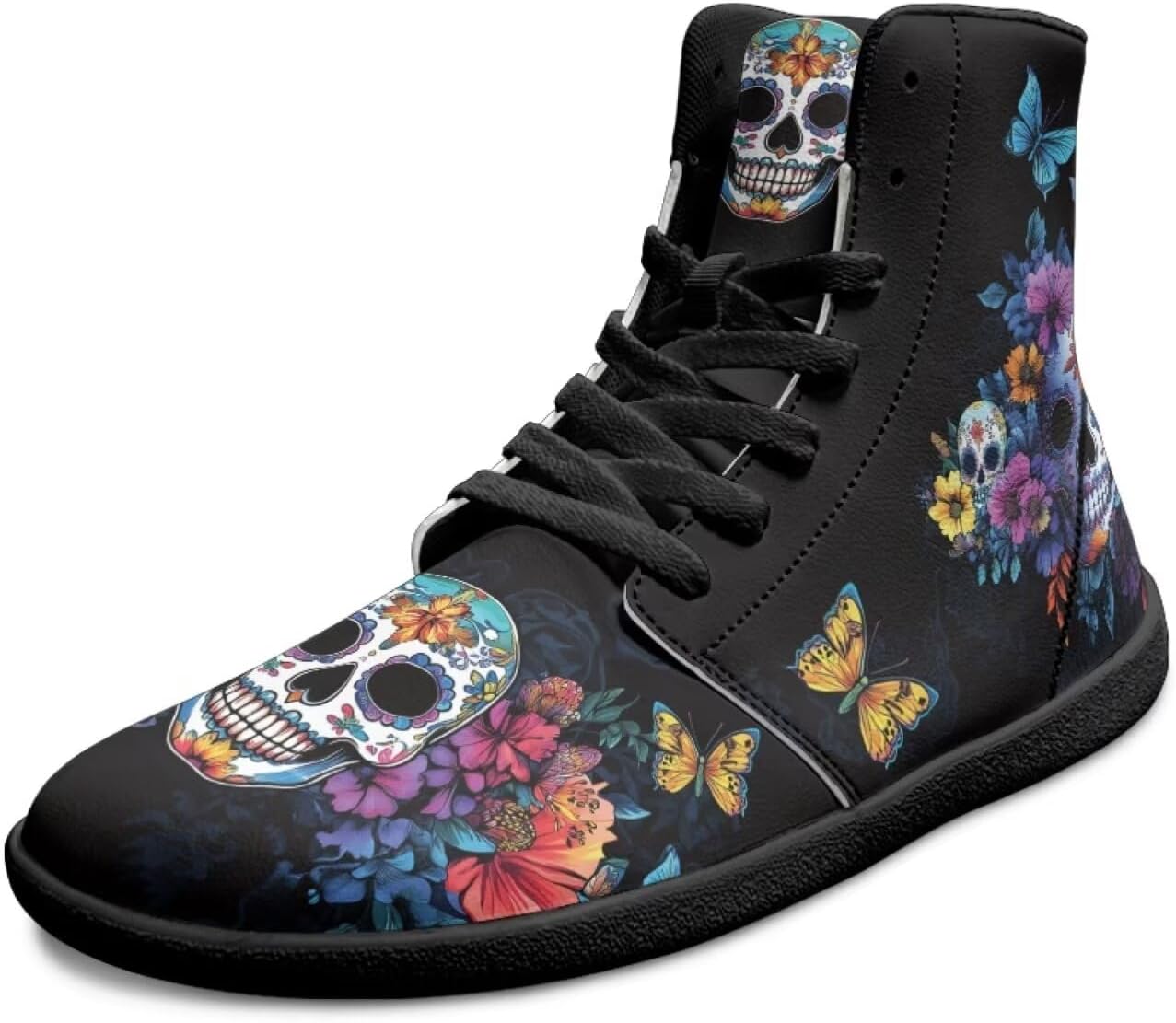 

Готические кроссовки с черепом без каблука для мужчин и женщин, высокие повседневные спортивные кроссовки для ходьбы, противоскользящие, с нулевым перепадом, модные кеды Chririnla, Gothic Butterfly and Skull