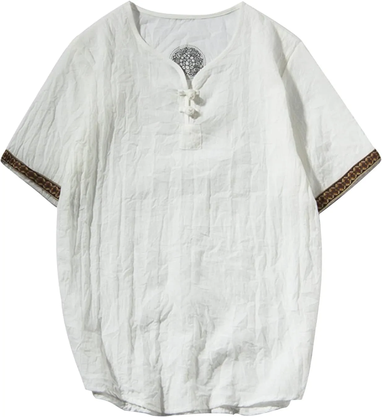 

JEsilunmaMY мужская свободная хлопковая льняная рубашка хенли с коротким рукавом, китайская вышивка, летняя пляжная футболка плюс сайз