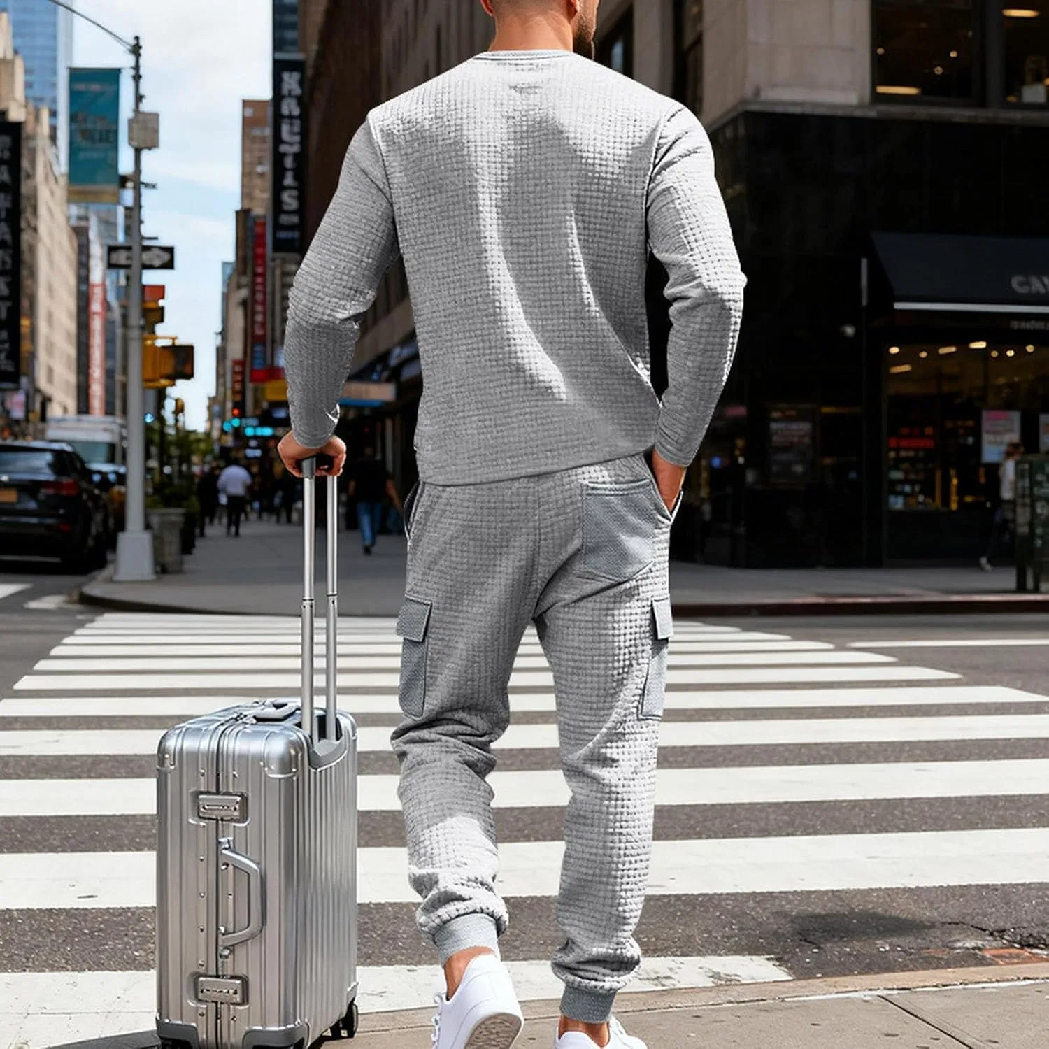 Джоггер-костюм для мужчин Waffle Casual Workwear комплект свитшот с пуговицами Henley и карго-штаны Generic, 41 — фото 4