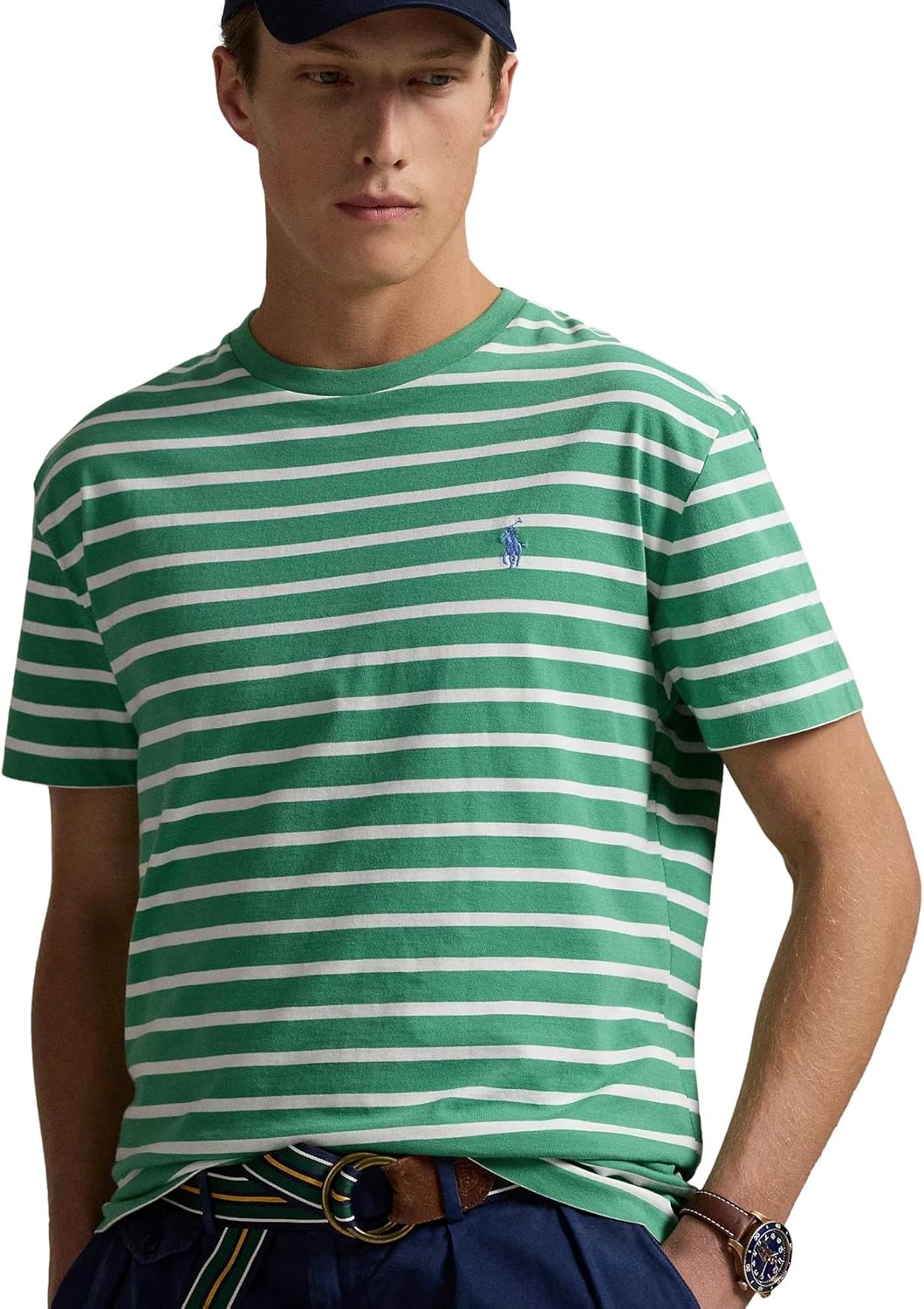 Мужская футболка POLO RALPH LAUREN из хлопкового джерси с круглым вырезом, Rl Striped Raft Green — фото 4