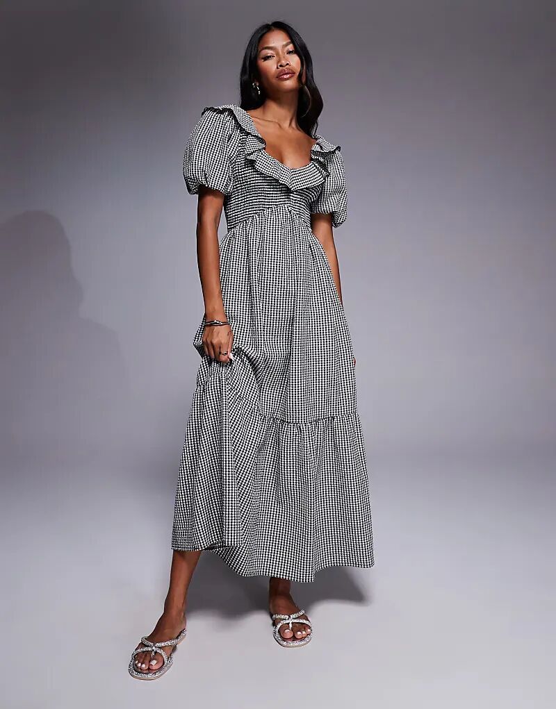 

Платье миди River Island с V-образным вырезом и оборкой, черное